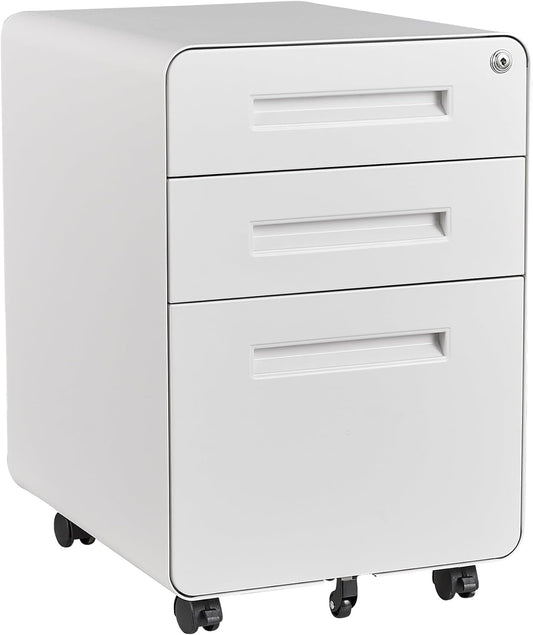 STANI 3 Drawer Filing Cabinet, Metal Filing Cabinet Legal/Letter Size with Lock, Mobile Storage Cabinet for Home and Office, Fully Assembled Except Wheels White