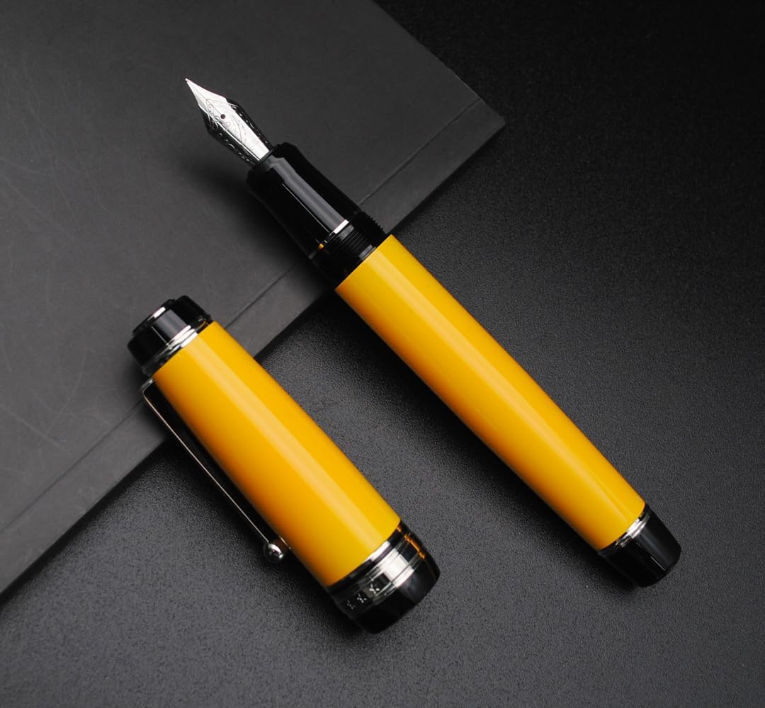 Metal Big Fountain Pen Set Medium Nib 0.7mm, Includes Ink Refill Converter, 5 Ink Cartridges & Gift Box (Medium Nib 0.7mm, Yellow with Silvery Clip)