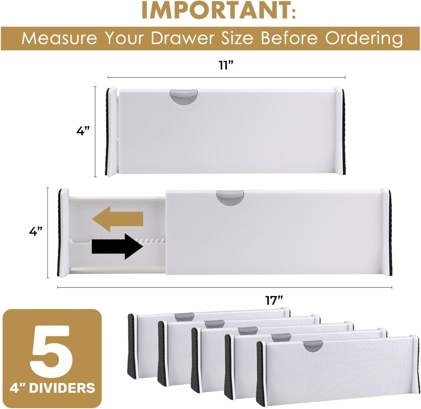 RAPTUROUS Adjustable Drawer Dividers, 4" Tall, Expandable 11-17", 5-Pack, Non-Slip for Dresser, Closet, Kitchen, Nursery, and Office (White)