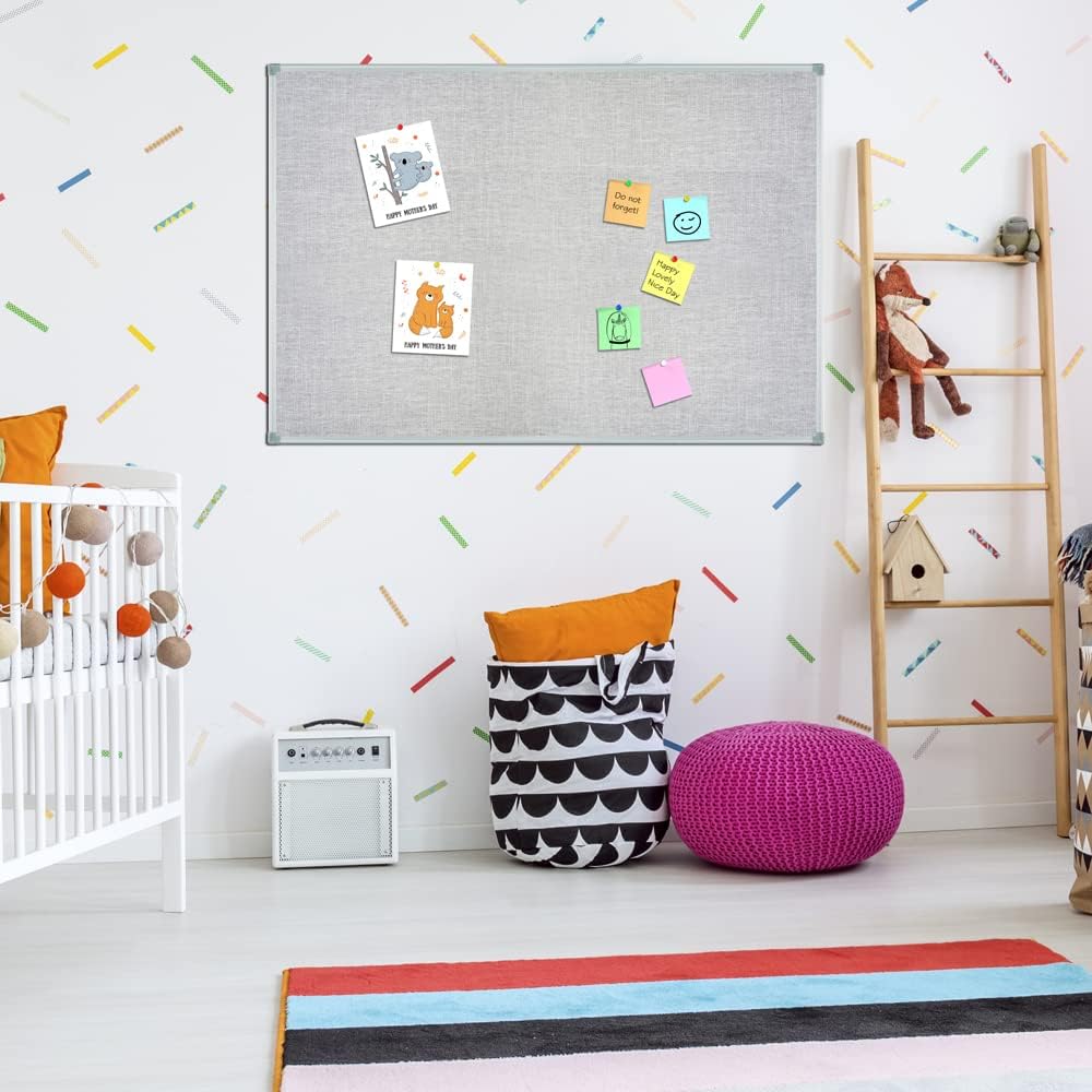 Lockways 36" x 24" Premium Cork Bulletin Board, Light Grey Framed Linen Fabric Pinboard with Silver Aluminum Frame for Home, Office & Kitchen Organization