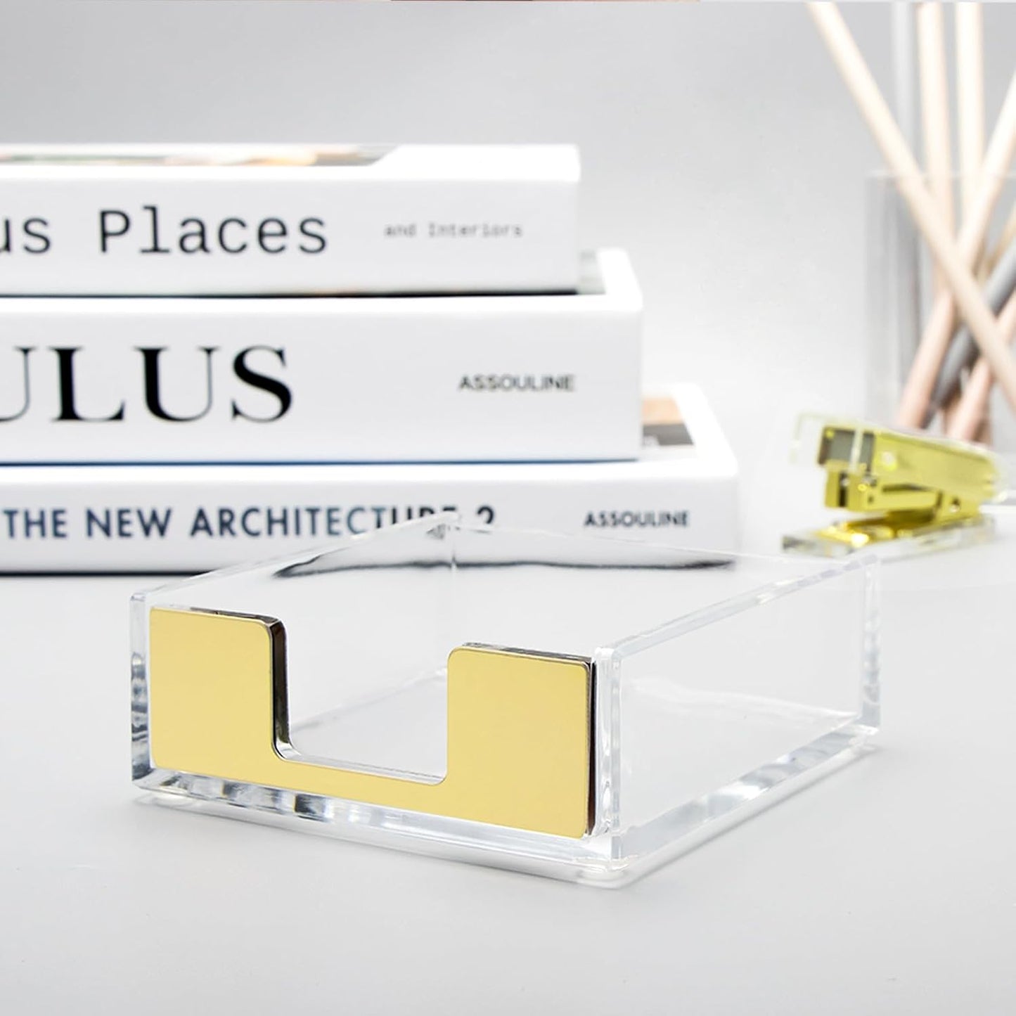 NatSumeBasics Gold Sticky Note Holder Clear Acrylic Yellow Post Note Pad Holders Memo Dispenser Case for Desk Office School Aesthetic Supplies Accessories (Pure Gold)