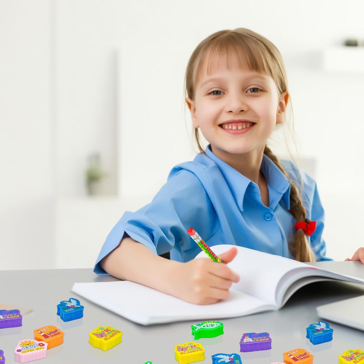 Cinrobiye 100 PCS Bible Verses Pencil Erasers Bulk Inspirational Scripture Eraser Christian Religious Favor Goody Bag Filler Gifts for Students Classroom Office Teacher Prizes Reward School Supplies