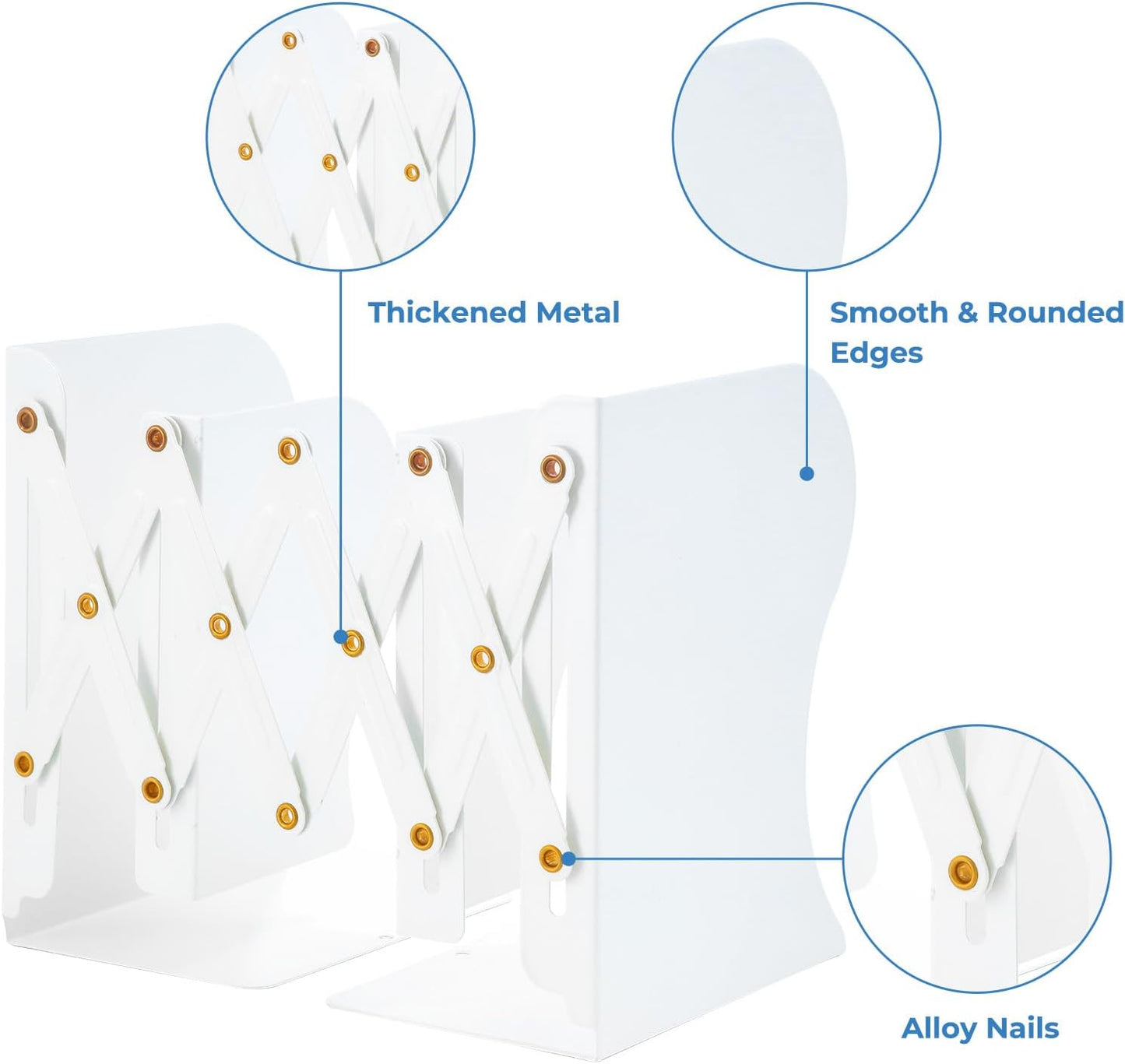 M&G Adjustable Bookends Book Ends for Shelves, Metal Bookend for Heavy Books, Desk Magazine File Organizer Holder Extends up to 20in, Book Stopper for Home, Office, Classroom (White)