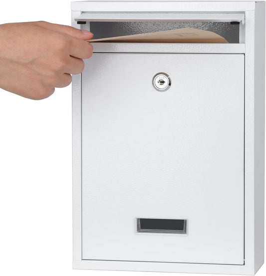 KYODOLED Key Lock MailBoxes for Outside, Locking Wall Mount Mailbox, Security Key Drop Box for Letters Newspapers, Cards, 12.4H x 8.54L x 3.35W Inches, White