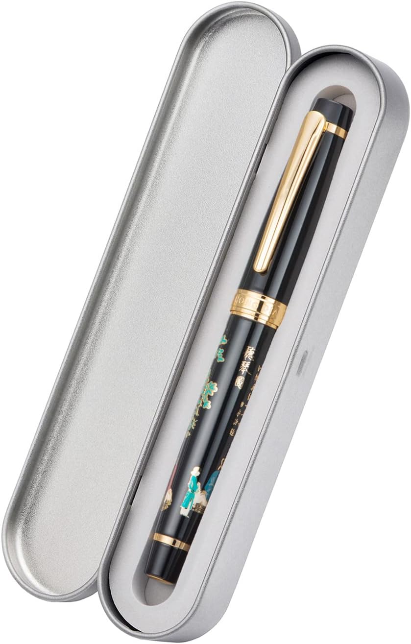 Hongdian 231 Chinese Classical Fountain Pen, Iridum Extra Fine Gold Nib with Chinese Painting Design, Smooth Writing Pen with Ink Converter and Metal Pen Box Set