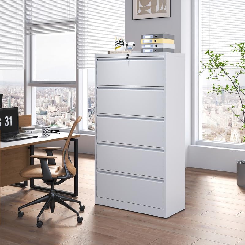 5 Drawer Lateral File Cabinet with Lock, Metal Filing Cabinets for Home Office, Steel Storage Wide File Cabinet for Letter/Legal/F4/A4 Size with Hanging Bars, Assembly Required (White)