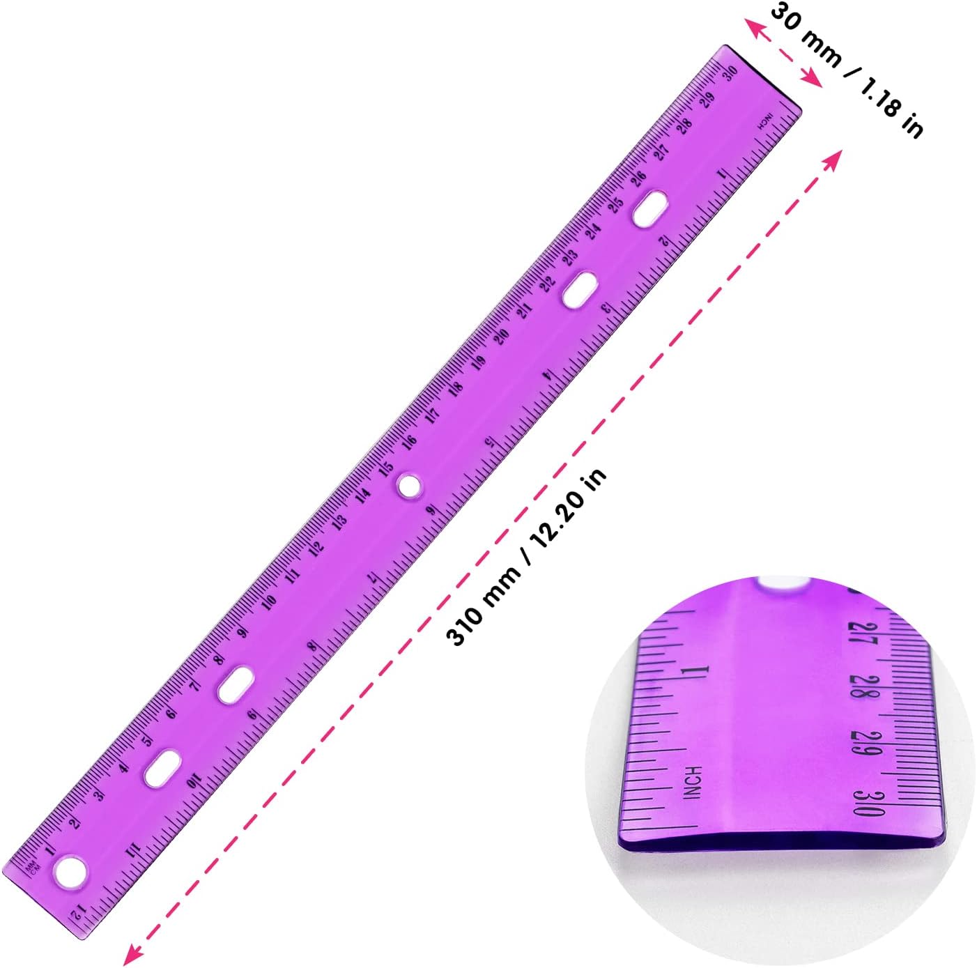 ZZTX 6 Pack Color Transparent Ruler Plastic Rulers 12 Inch, Metric Bulk Rulers with Inches and Centimeters, Kids Ruler for School, Home, Office