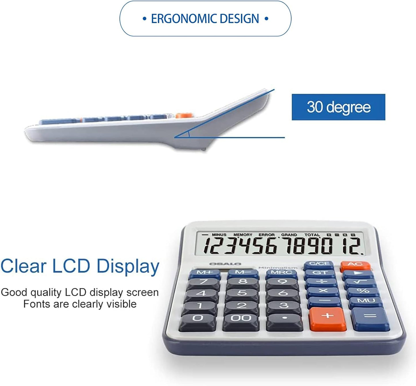 Desktop Calculator Large LCD Display 12 Digit Number Handheld Portable Pocket Basic Calculator with Big Soft Sensitive Button, Battery and Solar Powered, for Office Home School Use(OS-6M)