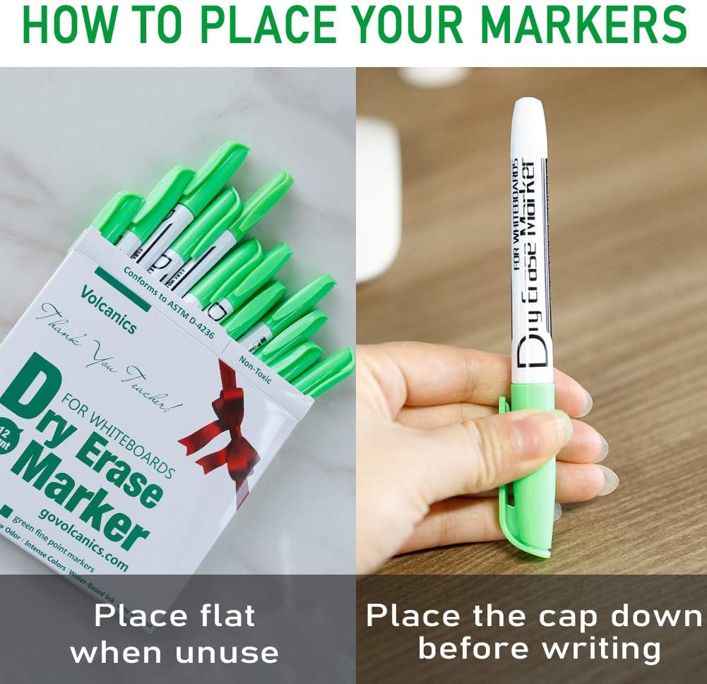 Volcanics Green Dry Erase Markers Low Odor Fine Whiteboard Markers Thin Box of 12