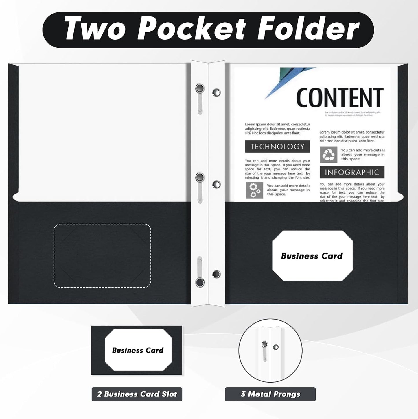 Two Pocket Folders, PANDRI 60 Pack Two Pocket Folders with Prongs, 3 Prong Folders Designed for Office and Classroom, Letter Size Black