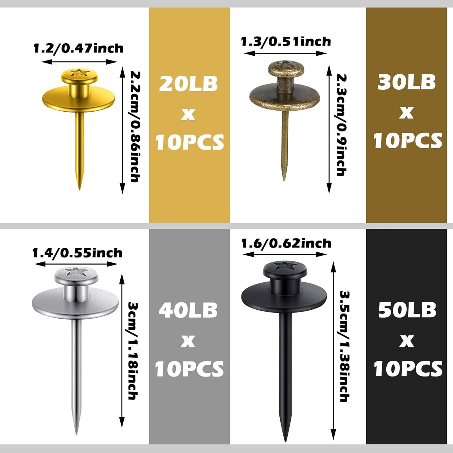 Zhengmy 40 Pcs Double Headed Picture Hangers Nails 4 Size Long Thumb Tacks Wall Nails for Hanging Pictures Decorative Push Pins Hooks for Drywall Photo Office Home Decor, 20/30/ 40/ 50lb(Mixed Colors)