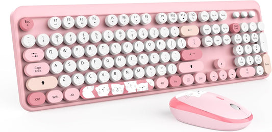 Wireless Keyboard,KOOTOP Cute Colorful 104 Keys Typewriter Retro Round Keycaps Keyboard for PC Laptop,Desktop,Windows, Home and Office Keyboards (Pink)