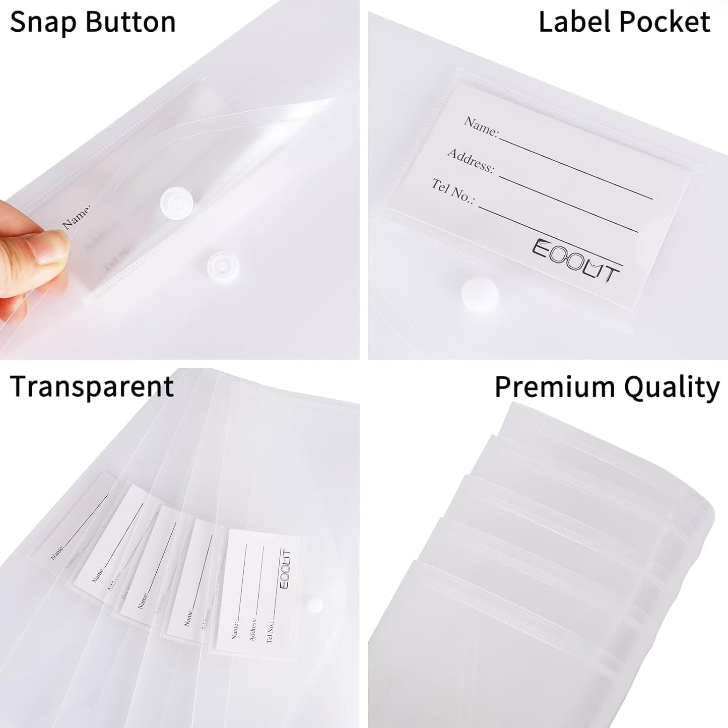 EOOUT 30pcs Plastic Envelopes, Clear Envelopes with Snap Closure, Document Folders Letter Size A4 Size File Envelopes with Label Pocket for School Home Work Office Organization
