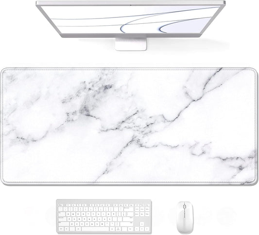 Auhoahsil Large Mouse Pad, XXL Gaming Mousepad, Desk Mat for Desktop, Thick Rubber, Big & Long Size, Stitched Edges, Full Desk Pad for Laptop & Computer, Extended 31.5 x 11.8 in, White Marble