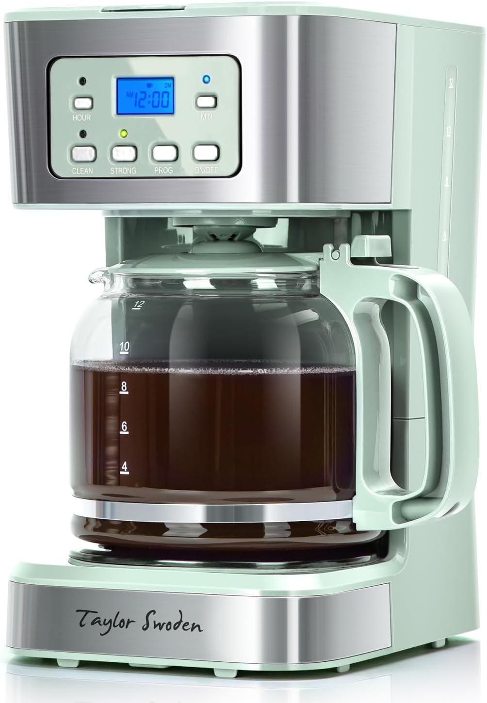 Taylor Swoden 12-Cup Programmable Coffee Maker, Regular & Strong Brew Drip Coffee Machine for Home and Office, Glass Carafe, Pause & Serve, Auto Shut Off, Green & Stainless Steel
