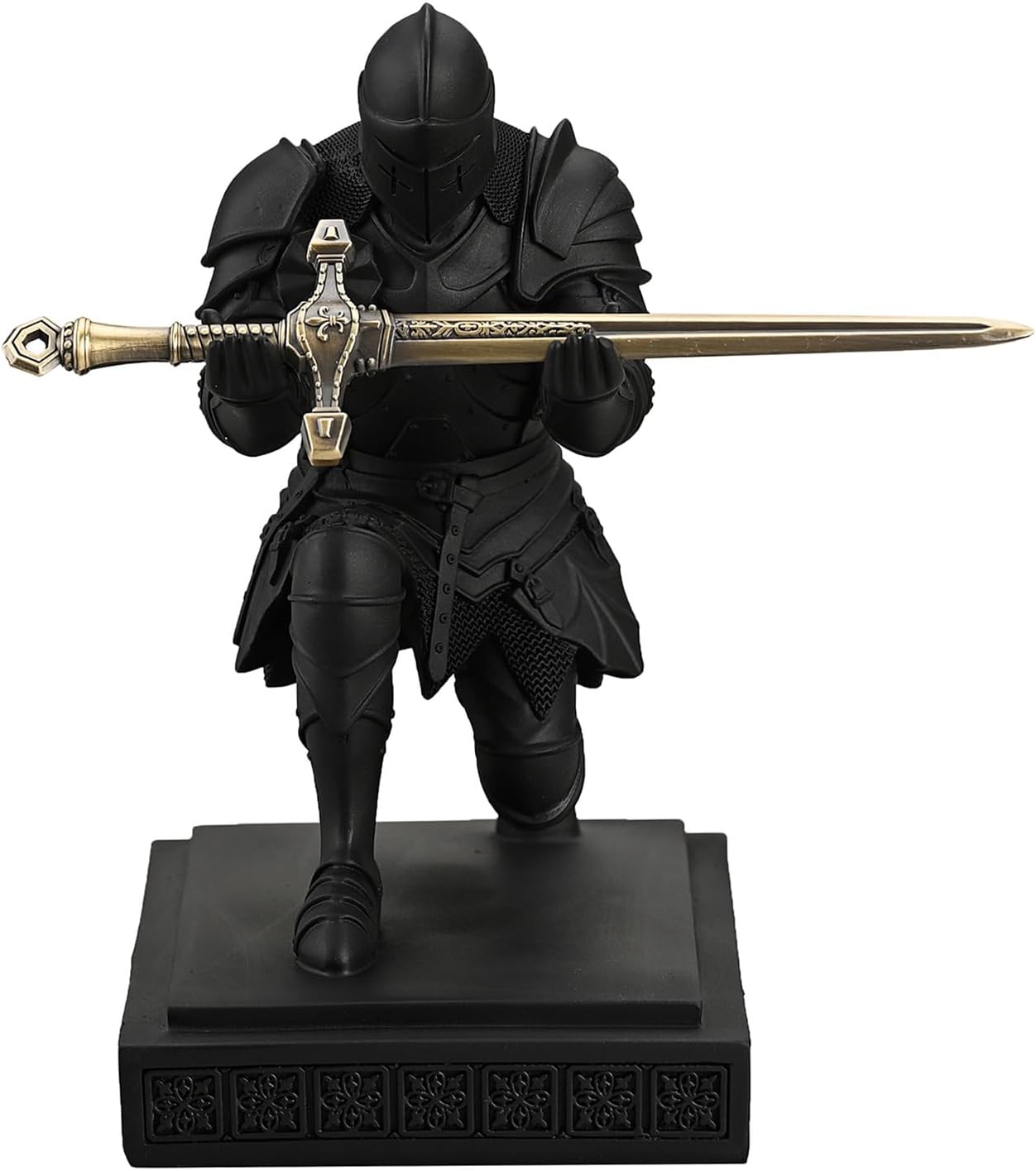 Medieval Armored Warrior Knight Pen Holder Desk Organizers and Accessories Resin Pencil Holder Paperweight as Gift with a Cool Letter Opener for Desk (Black)
