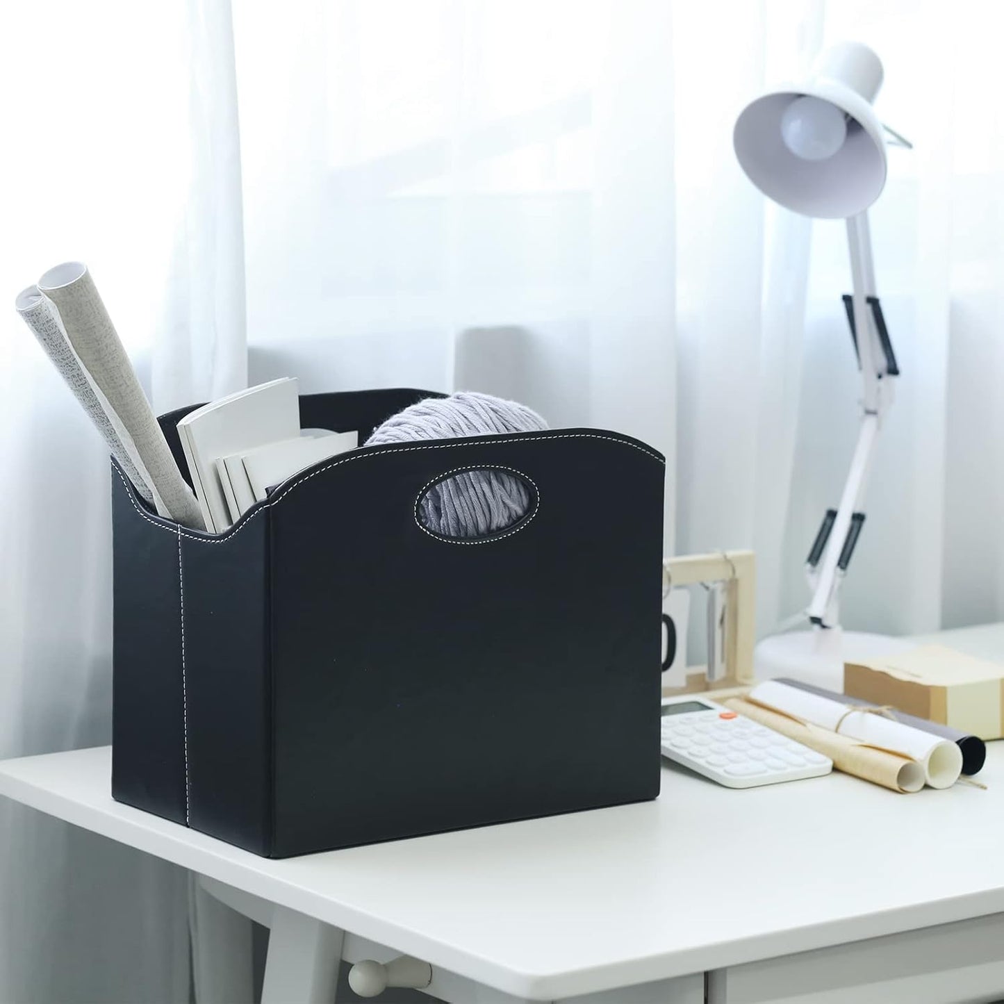 EZDeco Magazine Holder Foldable Magazine Rack Floor PU Leather File Holder Newspaper Book Storage Basket Document File Folder Organizer for Office Home