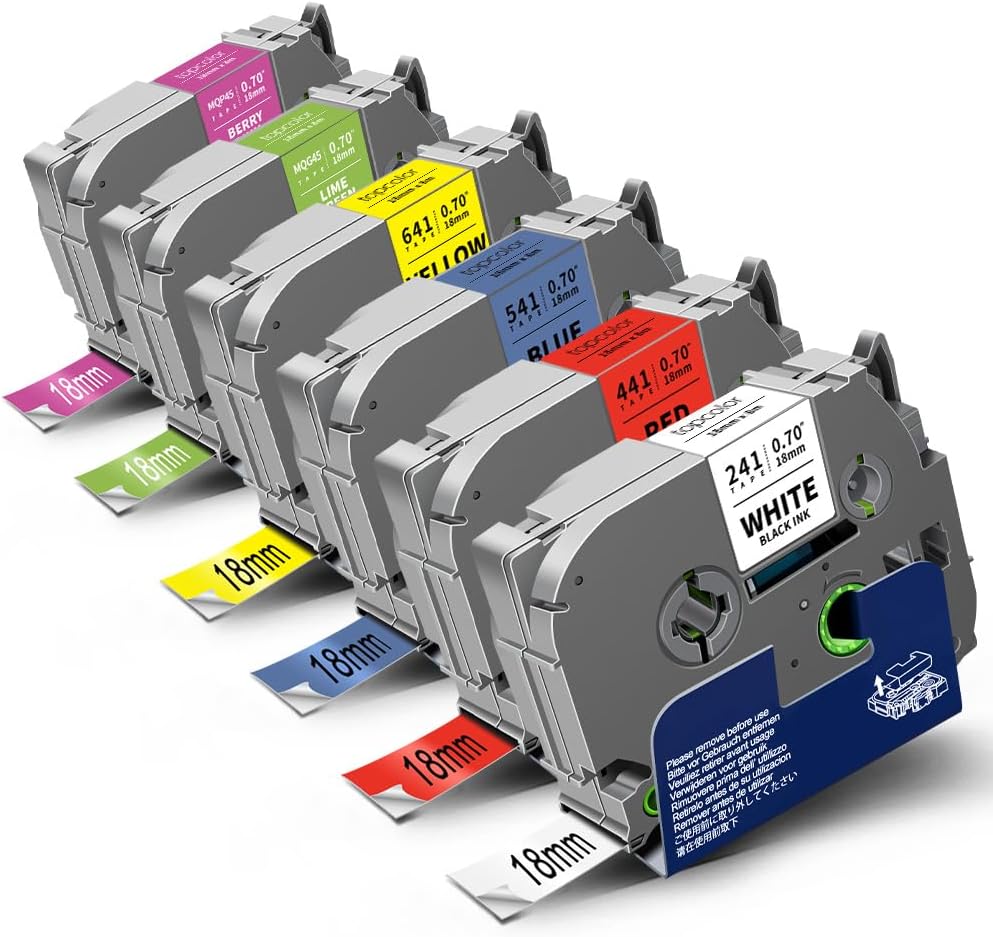 6-Pack 18mm 0.7" Laminated Tape Compatible for Brother P-Touch Label Tape 18mm 0.7 Inch Laminated Colored Tze Tz 3/4" Label for PTD400 PTD610BT PTD410 PTD600, White/Red/Yellow/Blue/Green/Pink