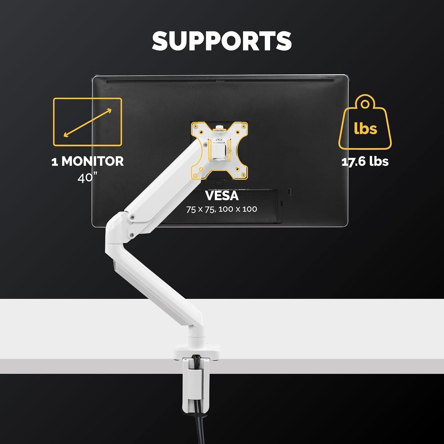 Fellowes Platinum Series Single Monitor Arm for 40-Inch Monitors, Full Motion, 360° Rotation, VESA Mount with Grommet or Clamp, USB Ports, Ergonomic, White, 8056201