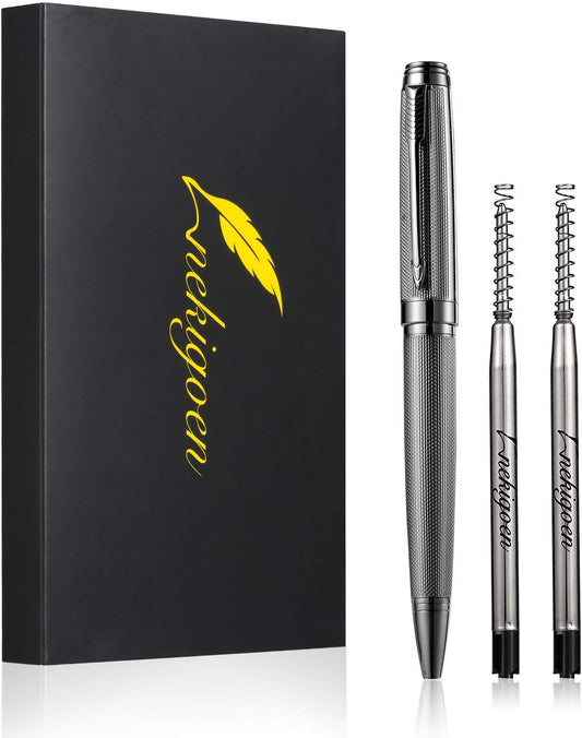 Ballpoint Pen with Gift Box for Men Women,Luxury Stainless Steel Retractable Pen Executive Home Office Use, and 2 Extra Refills Black Ink 1.0mm B2 (full gray)