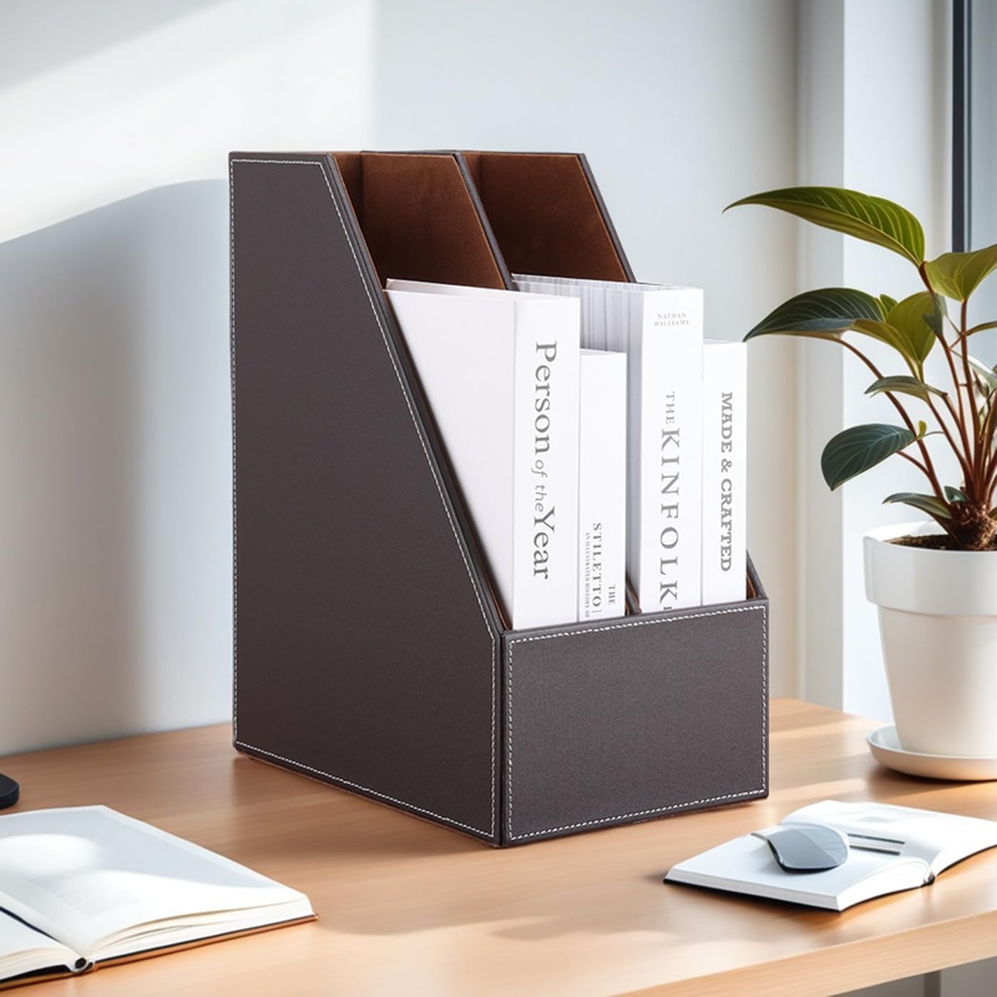 KINGFOM Wooden Leatherette Desktop File Folder Organizer and Document File Stand Journals Magazine Rack 2 Slots (brown)