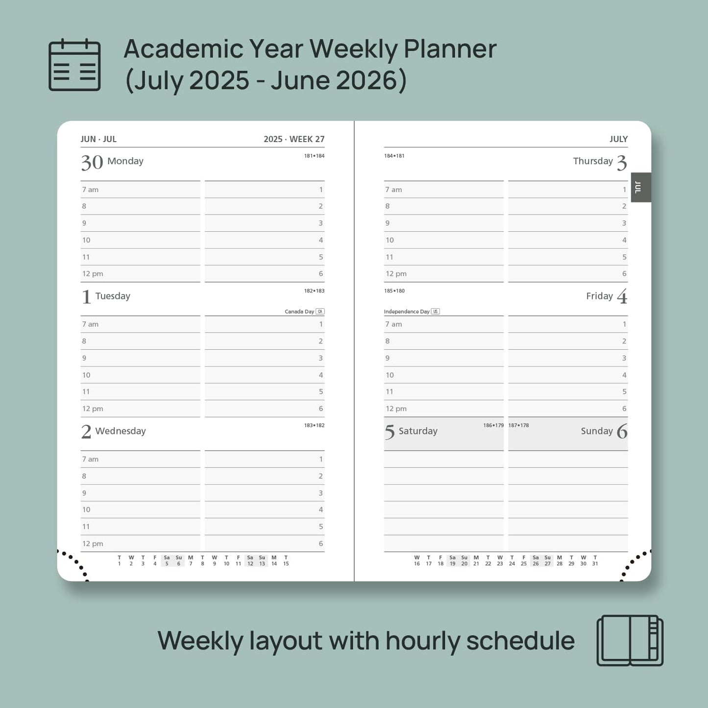 POPRUN Pocket Planner 2025-2026 (Purse Size 4'' x 6.25'') Academic Small Calendar (July 2025 - June 2026) with Hourly Time Slots, 100GSM Thick Papers, Leather Soft Cover - Pacific Green