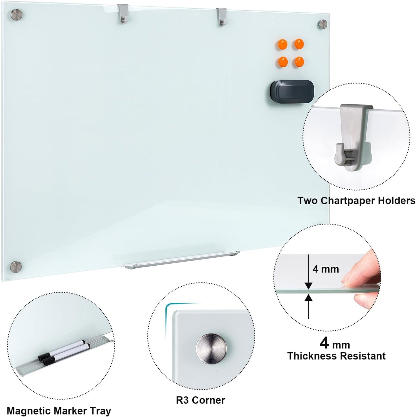 Glass Dry Erase Board, 36 x 24 Inches Magnetic Glass Whiteboard for Wall, 3' x 2' Frameless Board for Office, Home, School