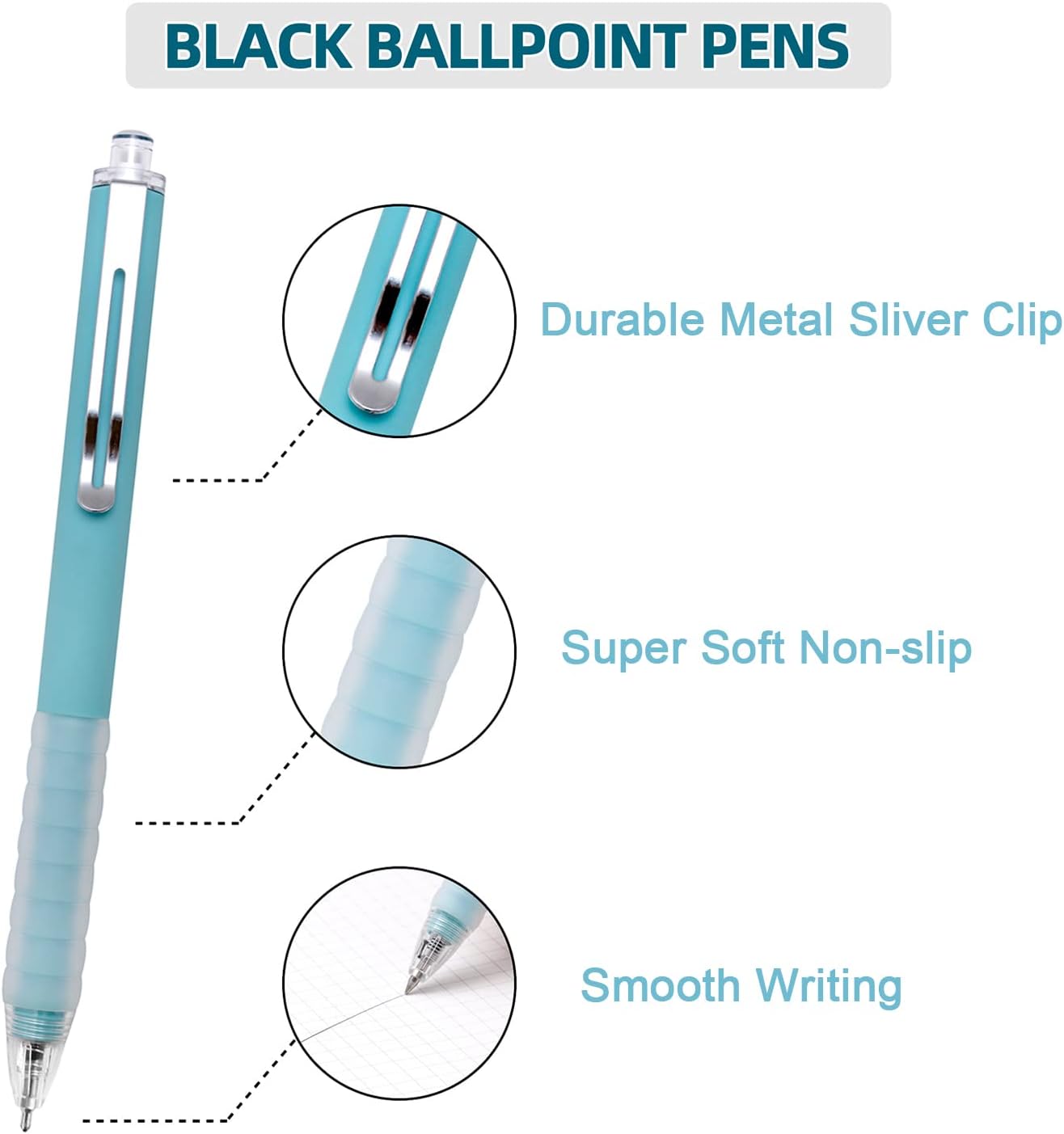 Linbsunne Ballpoint Pens Medium Point 1mm Black Ink Work Pen with Super Soft Grip Ball Point Pen for Men Women Retractable Office Pens (Silver Clip-18 count)