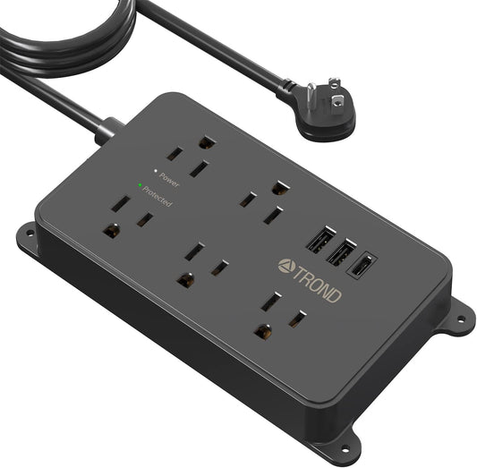 TROND Surge Protector Power Strip with USB, 10ft Extension Cord, ETL Listed, 5 Widely-Spaced Outlets with 3 USB Ports, 1300J, Low-Profile Flat Plug, Wall Mountable, 14AWG Heavy Duty, Black