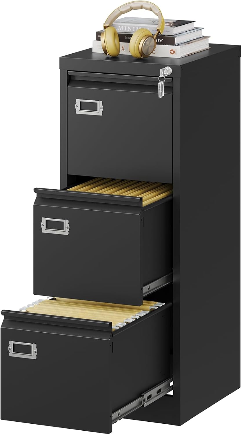 Vertical File Cabinets - 3 Drawers 17.8" Deep Lockable Filing Cabinet - Metal Storage Cabinets for Home Office to Hanging Files Letter/Legal/F4/A4 Size