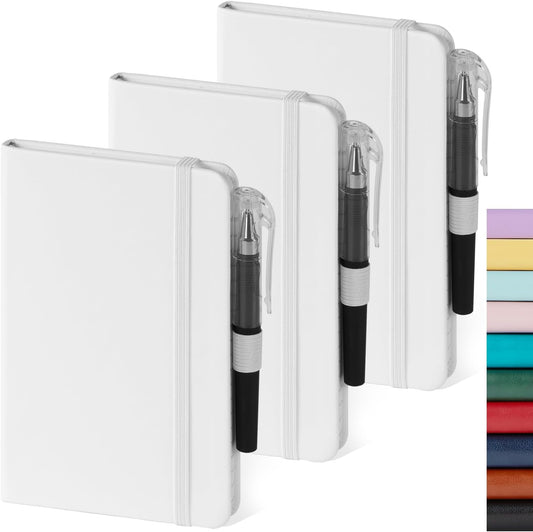 Small Notebook Pocket Size Journal 3.7" x 5.7" (3 Pack), A6 Mini Notepad with Pen, Small Leather Note Book, 100gsm Lined paper, 408 Pages, White