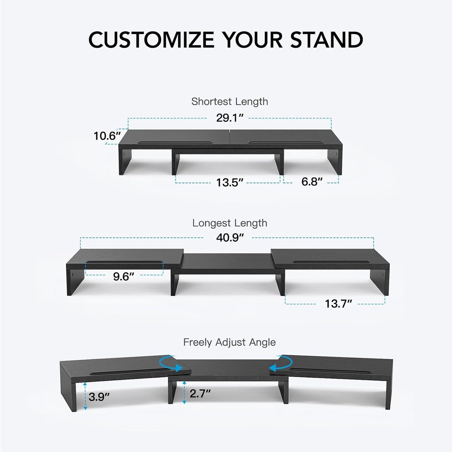 HUANUO Dual Monitor Stand Riser, Adjustable Monitor Stand for Desk with 2 Slot, Desktop Organizer Stand for 2 Monitors, Multi-Purpose Desk Shelf Monitor Stand Riser for Computer, Laptop, PC, Black