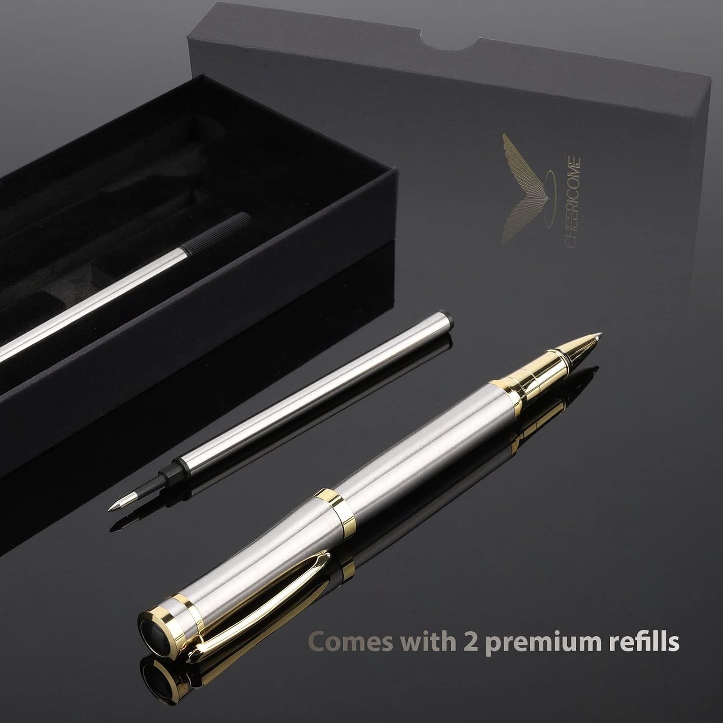 cheericome Luxury Ballpoint Pen - Professional Pen, Executive Pen, Journal Pen, Perfect for Silky Smooth Writing, with Gift Box, Nice Pen for Men and Women, 2 Extra 0.5mm Black Refills - Silver