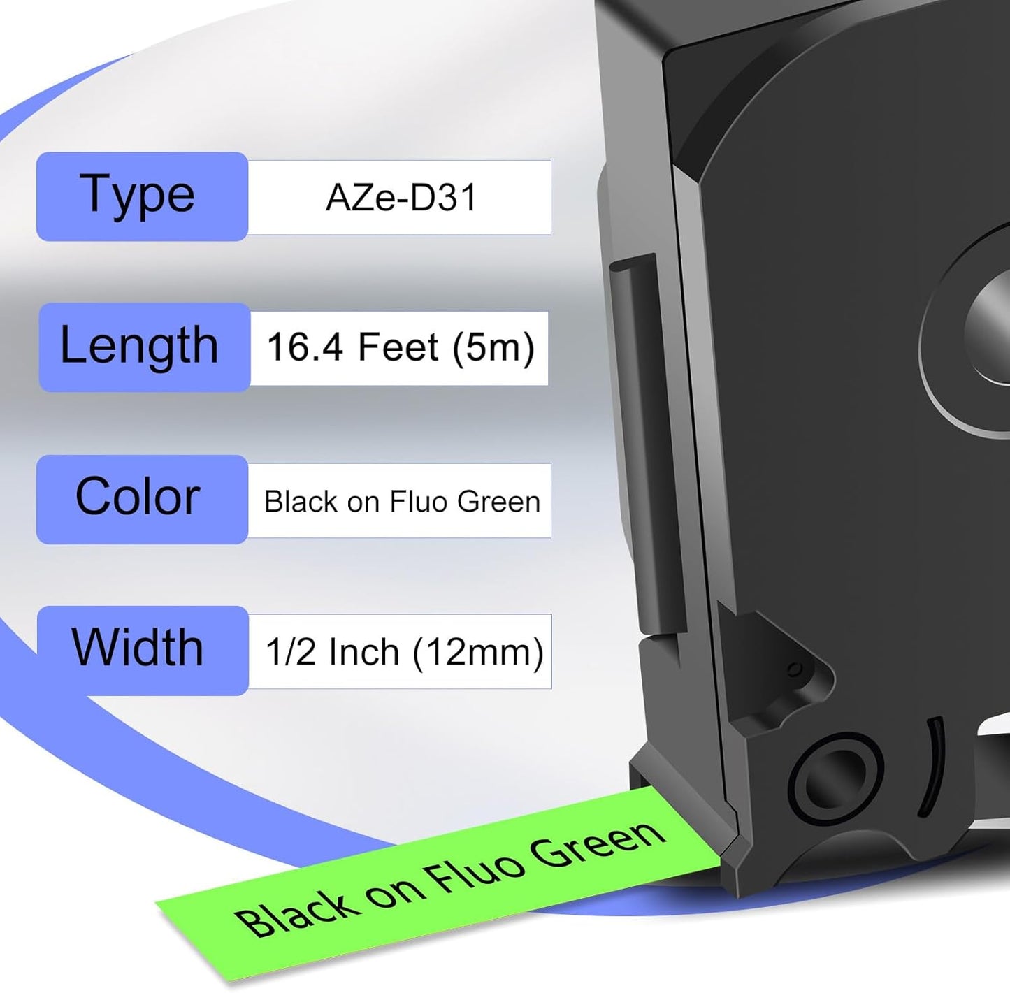 Label Tape Refills Compatible for Ptouch TZe-D31 TZ D31 Laminated Black on Green Fluorescent 1/2" 12mm for PTD200, D210 D400 D600 PTH100 H110 PTP300BT PTP700 PTP710BT, 2 Pack