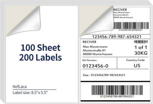 8.5 x 5.5 Half Sheet Shipping Labels for Laser and Inkjet Printers, 2 Per Page Self Adhesive Mailing Labels, White Blank Labels [100 Sheet 200 Labels]