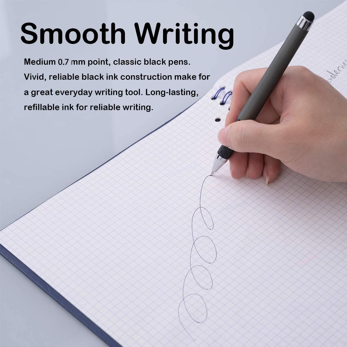 MiSiBao 0.7mm Black Ink Gel Ink Rollerball Pens 2 in 1 Medium Point Pens with Stylus Work Pen Smooth Writing for Office Black gel pen (Dark Grey-18pack)