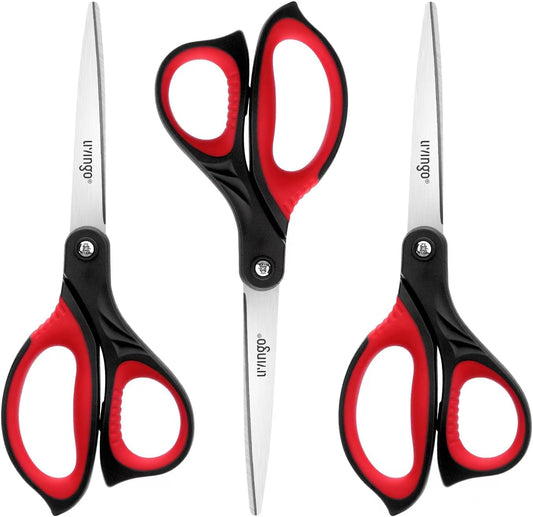 LIVINGO 8.5” Scissors All Purpose - Ultra Sharp Multipurpose 3 Pack Heavy duty Shears for Office, Home, School Sewing and Crafting Cutting Fabric, Paper, Red Comfort Grip