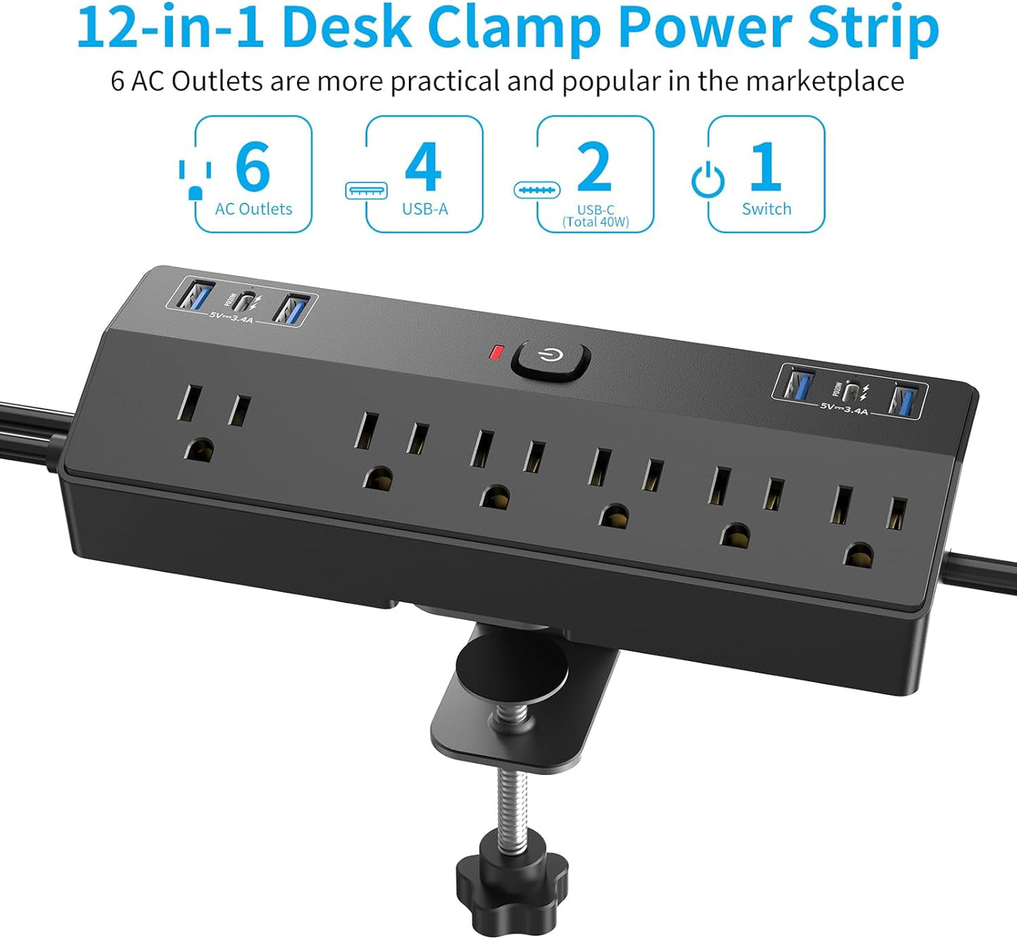 Desk Clamp Power Strip with 40W Fast Charging Station, JXGUCAT Removable Desk Clamp Mount Power Strip Surge Protector, 2 USB-C Ports, 6 AC Outlets and 10ft Cord, Fits 1.8" Tabletop Edge