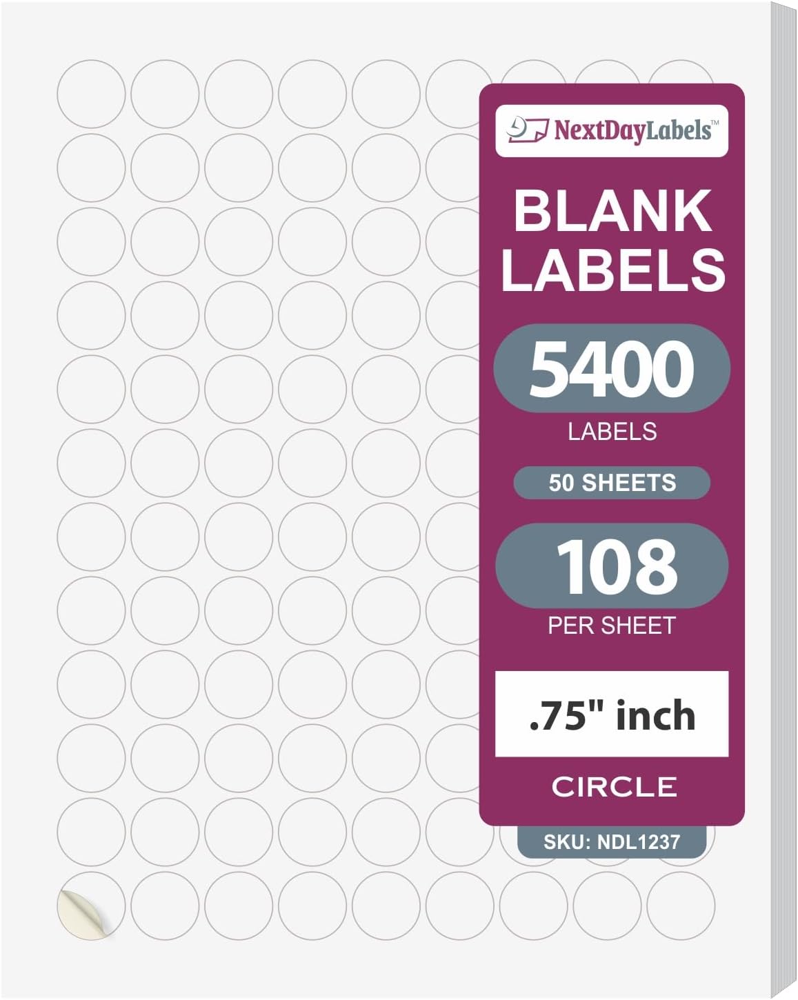 NextDayLabels – 3/4 Inch Round Labels - Round Sticker Labels for Printer - Matte White Blank Laser/Inkjet Printer Labels - Circle Stickers Printable Labels (50 Sheets, 108 Per Sheet, 5400 Labels)