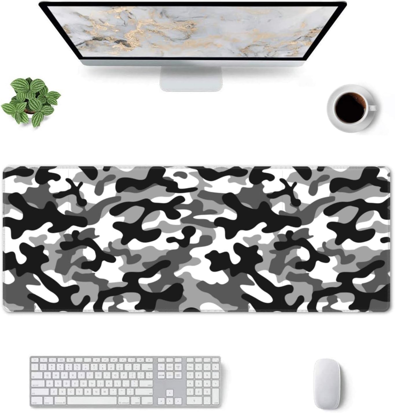 Large Mouse Pad Gaming, Camouflage XL Mousepad, Waterproof Long Stitched Non-Slip Base Computer Keyboard Mats for Desk for Women and Girl School Office Decor, (Black and White, 31.5 * 11.8 Inches)