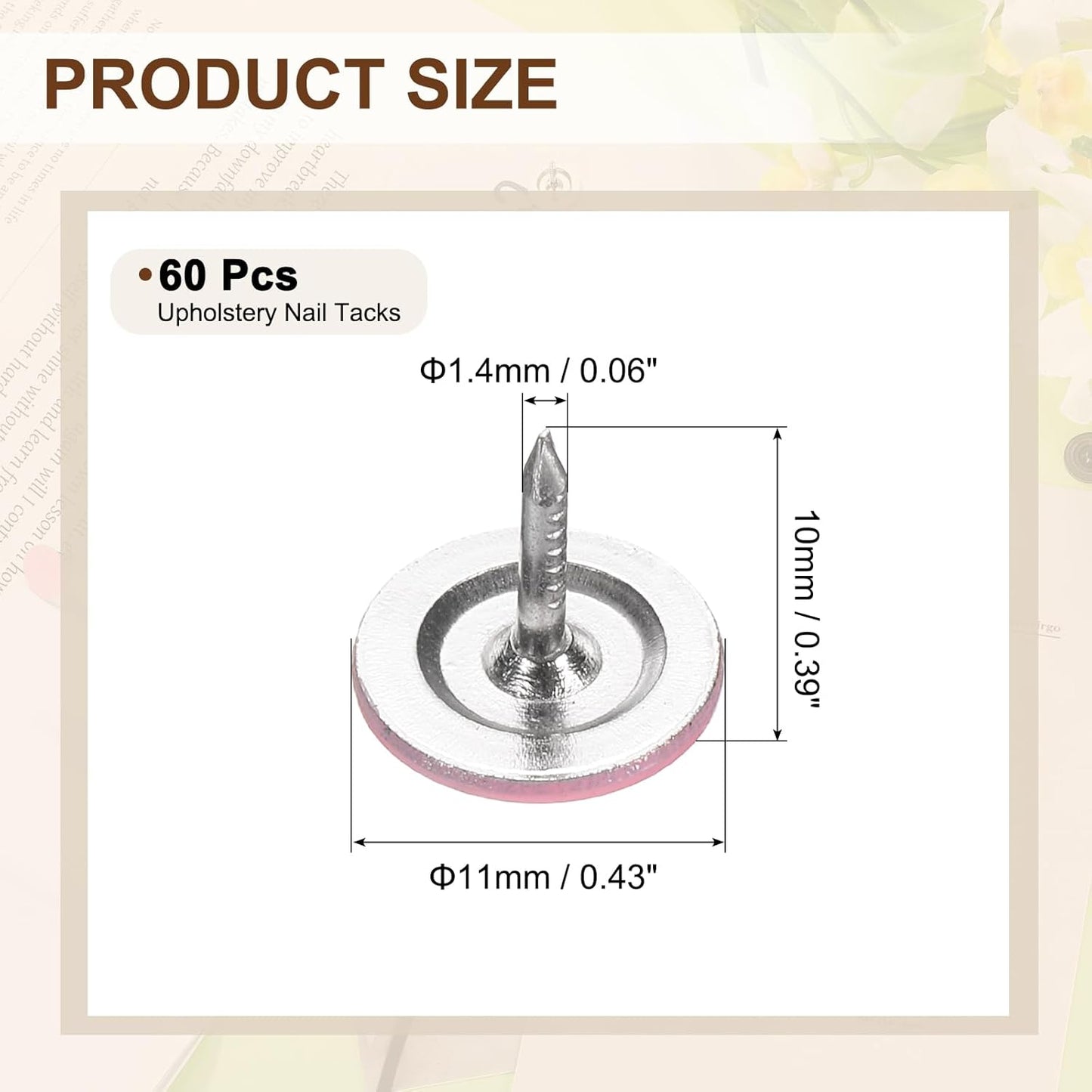 uxcell 60Pcs Upholstery Tacks, 11mmx10mm Flat Head Thumb Tack Decorative Furniture Nails Push Pins for Furniture Sofa Headboards, Pink