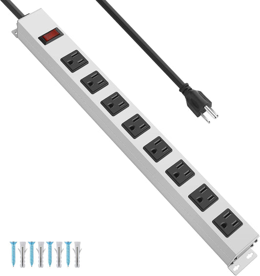 JUNNUJ Metal 8 Outlet Power Strip, Mountable Heavy Duty Power Strip, 1200J Surge Protector Wall Mount Screws Outlet with Switch, Gaming Desk Strips Wide Spaced 15A 125V 1875W, 15 FT 14AWG Power Cord