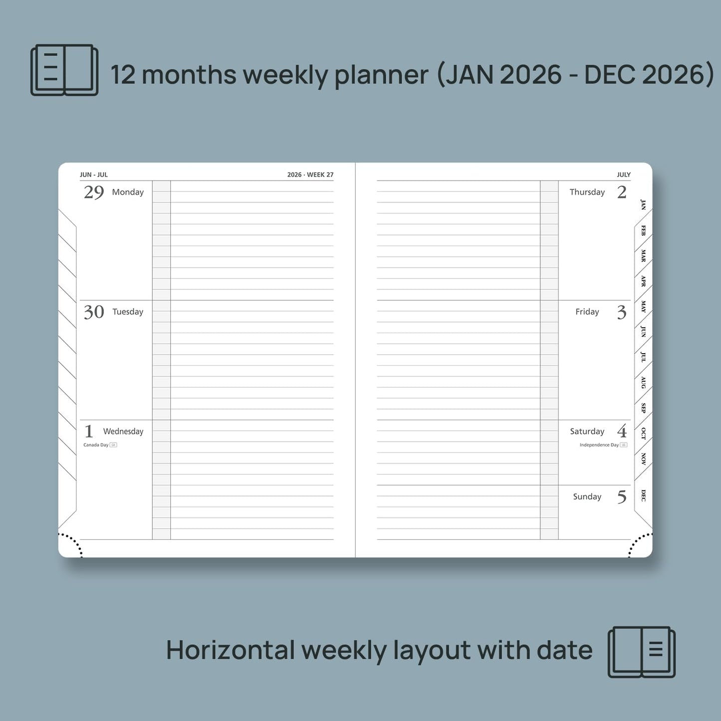 POPRUN Weekly Planner 2026 Calendar (Medium 6.75" x 8.75") 12 Months Notebook with Horizontal Layout, Leather Hardcover, Inner Pocket, 100GSM Thick Paper, Pen Holder - Army Green