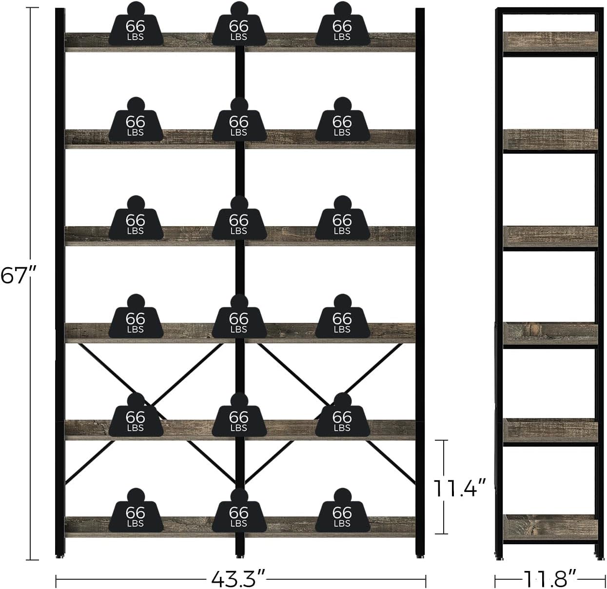 Seventable Bookshelf 6 Tier with 4 Hooks，67”Industrial Wooden Bookcase, Vintage Storage Rack with Open Shelves, Rustic Standing Bookshelves Metal Frame 43.3” Wide Display Rack, Gray