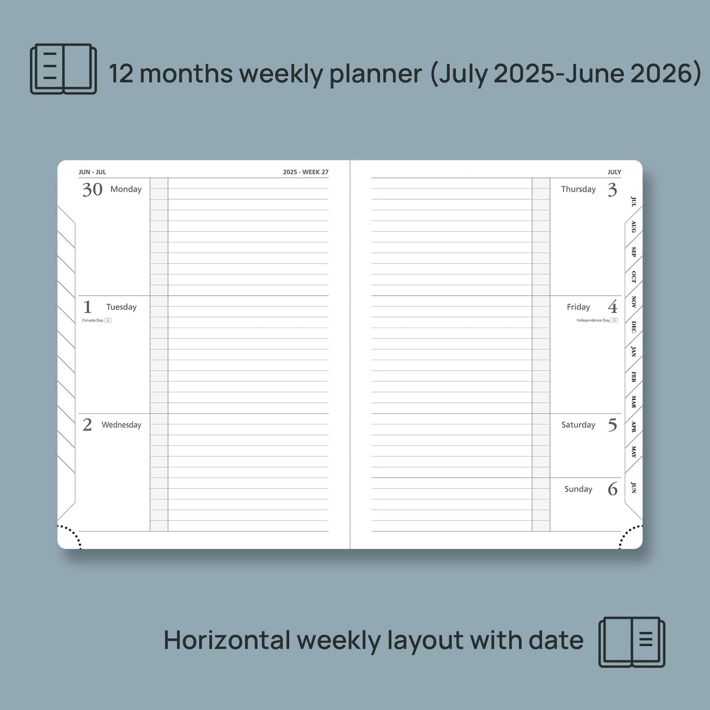 POPRUN Planner 2025-2026 (Medium 6.75''x 8.75''), Horizontal Weekly Notebook Jul.2025 - Jun.2026, Academic Appointment Book with Monthly Tabs, Leather Hardcover, Inner Pocket, 100 GSM - Midnight Green
