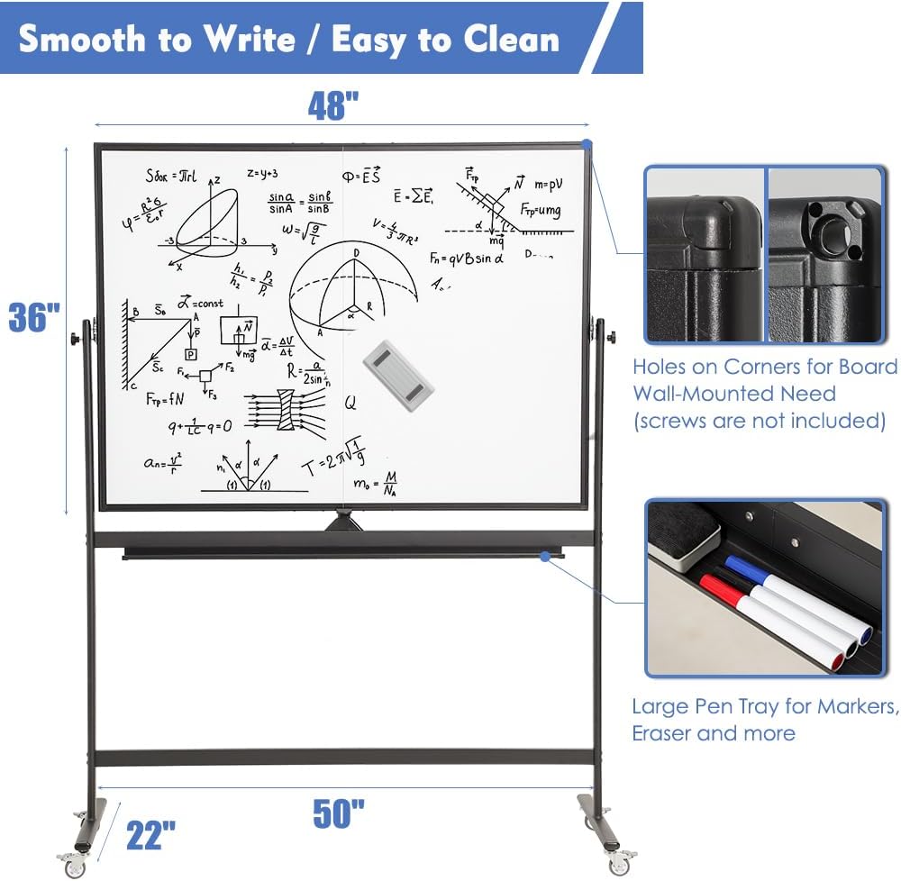 FORTUNO Magnetic Mobile Whiteboard 48"x36", Rolling Double Sided Dry Erase Board with Stand, Reversible Adjustable Height/Angle Easel White Board on Wheels 4' x 3' for Office Classroom Home, Black