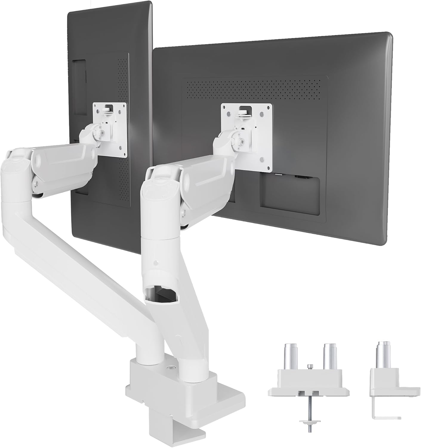 Claiks Dual Monitor Mount for Max 35 inch Screens Stand up to Max 89 lbs, Ergonomic Gas Spring Heavy-Duty Adjustable Monitor Arm, with Clamp and Grommet Base, VESA Mounting Holes 75&100mm, White