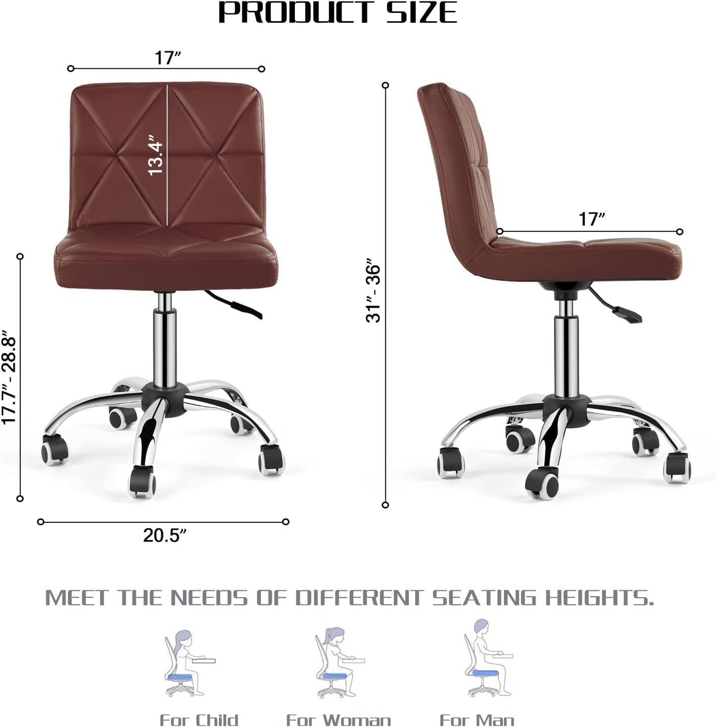 COSVALVE Armless Desk Chair, Mid Back 360 Swivel Office Chair, Height Adjustable Executive Conference Task Chair with Rolling Wheels and Diamond Pattern for Home Bedroom Computer Barber, Brown