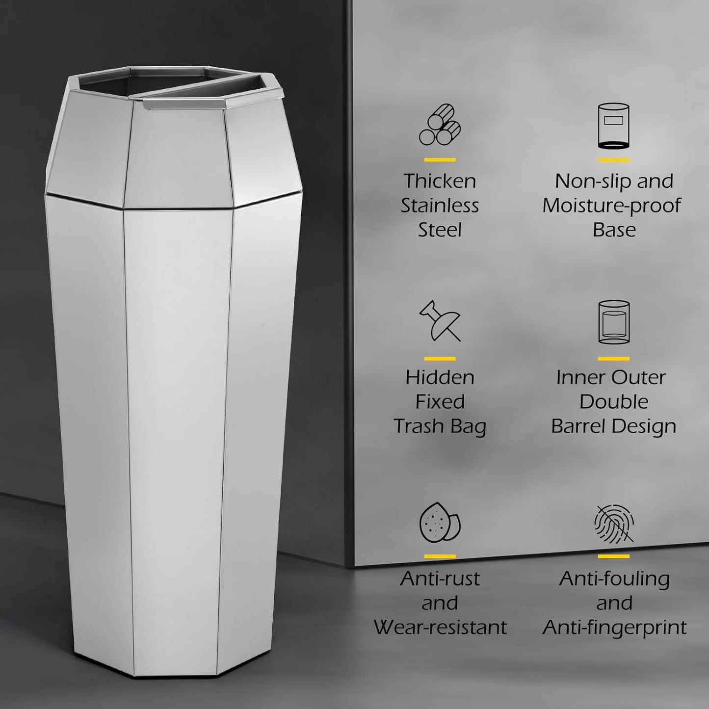 Dyna-Living Commercial Heavy-Duty Trash Cans Outdoor Garbage Can with Lid Large Trash Cans with Inside Cabinet for Patio, Silver Stainless Steel Garbage Can Commercial Indoor Trash Bin for Lobby