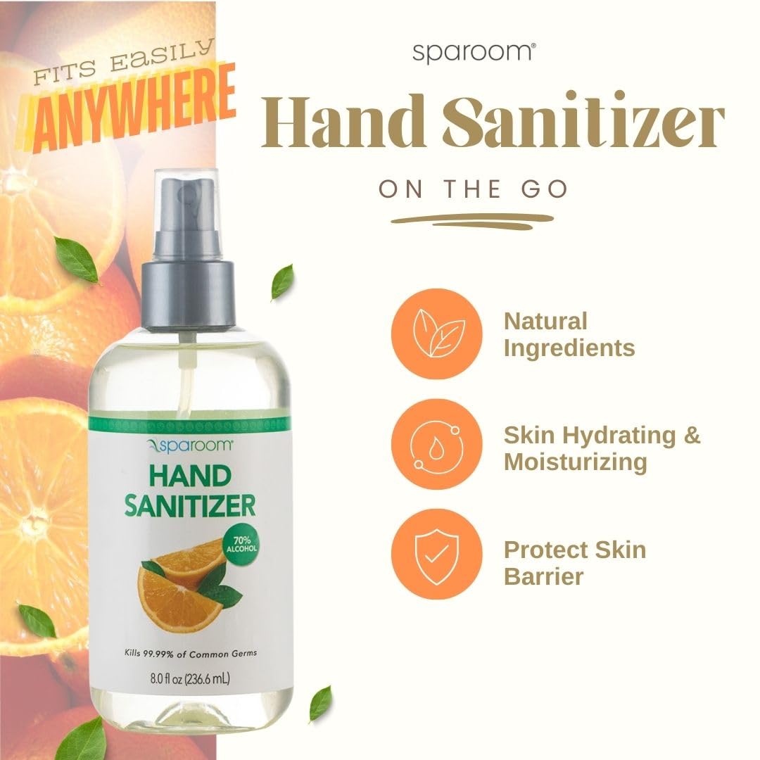 SpaRoom Hand Sanitizer Spray Orange – 70% Alcohol Formula with Aloe and Essential Oils, Travel Size Citrus Blend for On-the-Go Hygiene and Skin Moisture – 8oz Leak-Proof Bottle
